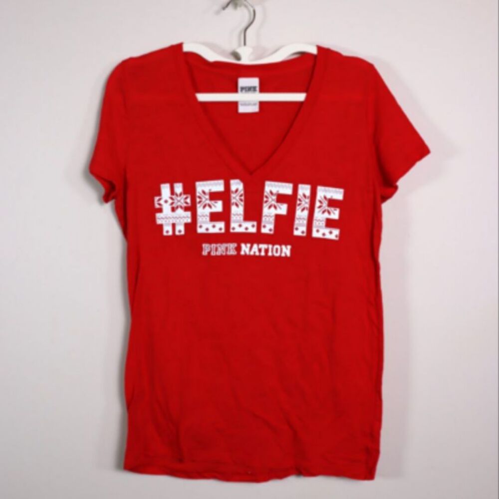 Victoria's Secret PINK #Elfie V Neck T-Shirt Large Red Sleepwear